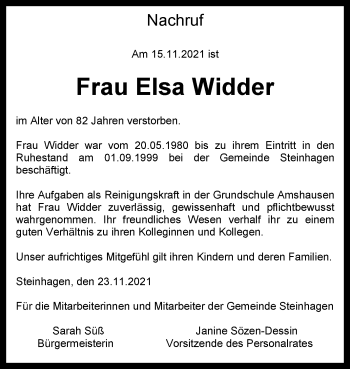 Traueranzeige von Elsa Widder von Westfalen-Blatt