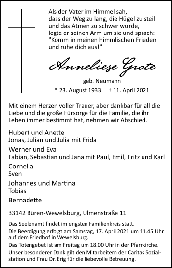 Traueranzeige von Anneliese Grote von Westfalen-Blatt
