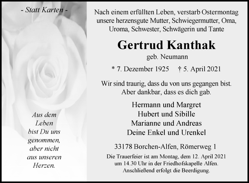  Traueranzeige für Gertrud Kanthak vom 10.04.2021 aus Westfalen-Blatt