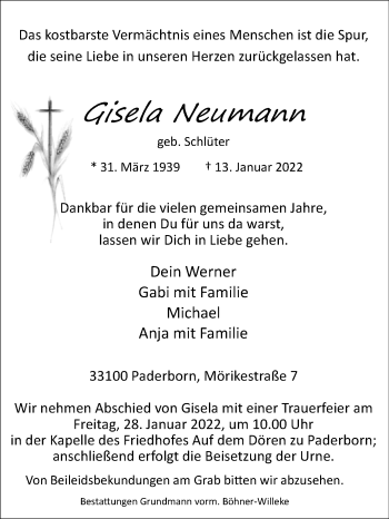 Traueranzeige von Gisela Neumann von Westfalen-Blatt