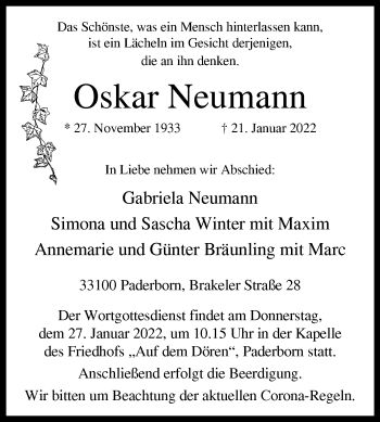 Traueranzeige von Oskar Neumann von Westfalen-Blatt