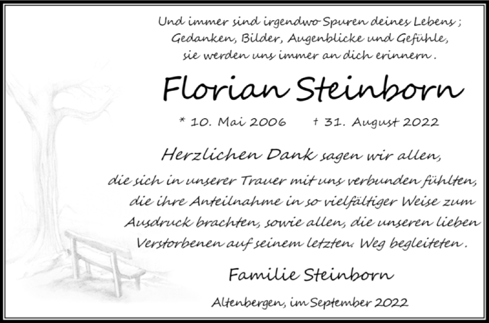  Traueranzeige für Florian Steinborn vom 01.10.2022 aus Westfalen-Blatt