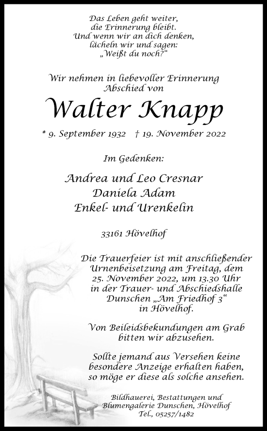 Traueranzeige von Walter Knapp von Westfalen-Blatt