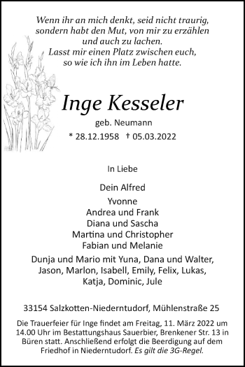 Traueranzeige von Inge Kesseler von Westfalen-Blatt
