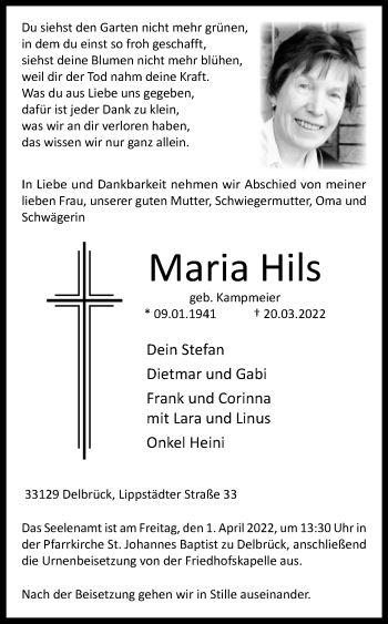 Traueranzeige von Maria Hils von Westfalen-Blatt