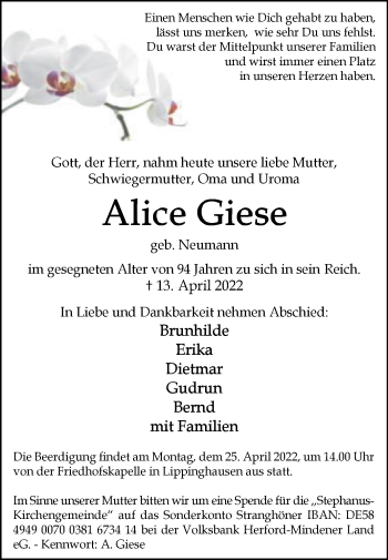 Traueranzeige von Alice Giese von Westfalen-Blatt