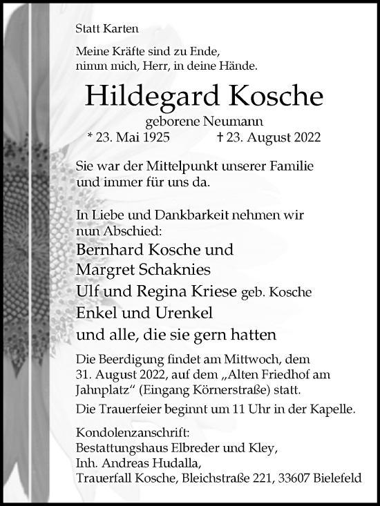 Traueranzeige von Hildegard Kosche von Westfalen-Blatt