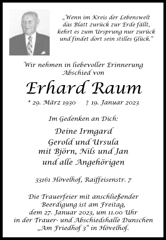 Traueranzeige von Erhard Raum von Westfalen-Blatt