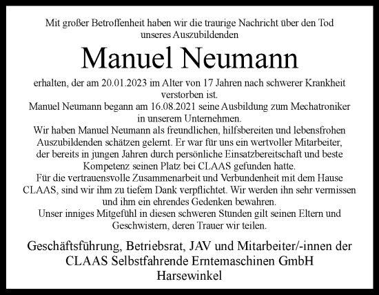 Traueranzeige von Manuel Neumann von Westfalen-Blatt