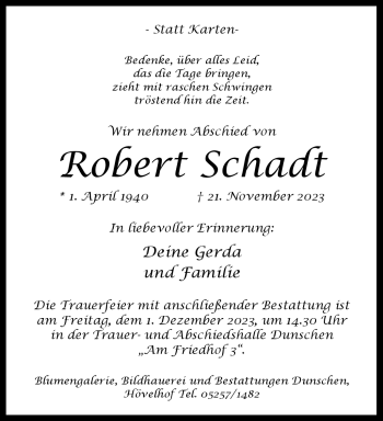 Traueranzeige von Robert Schadt von Westfalen Blatt