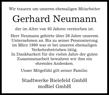 Traueranzeige von Gerhard Neumann von Westfalen Blatt
