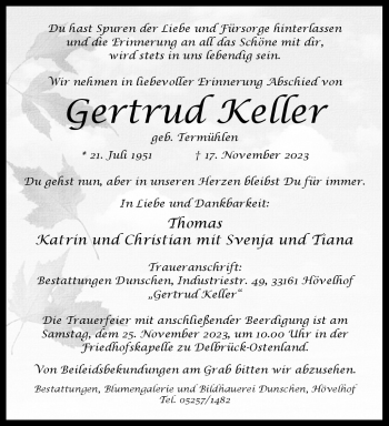 Traueranzeige von Gertrud Keller von Westfalen Blatt