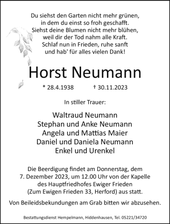Traueranzeige von Horst Neumann von Westfalen Blatt