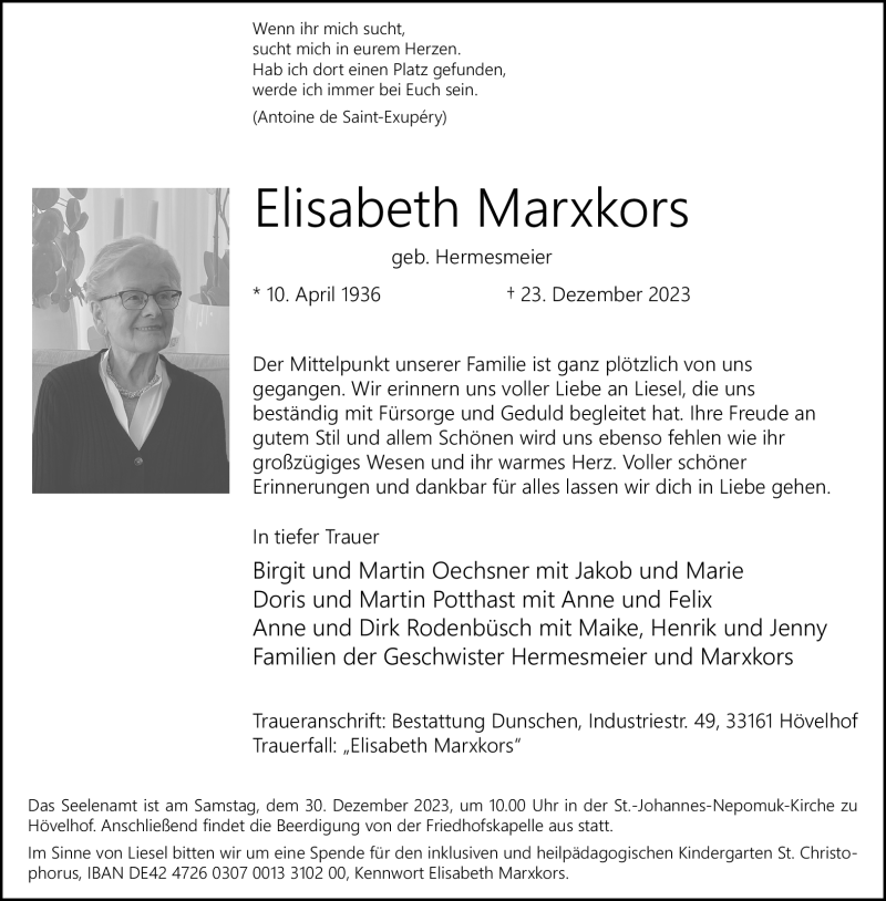  Traueranzeige für Elisabeth Marxkors vom 28.12.2023 aus Westfalen Blatt