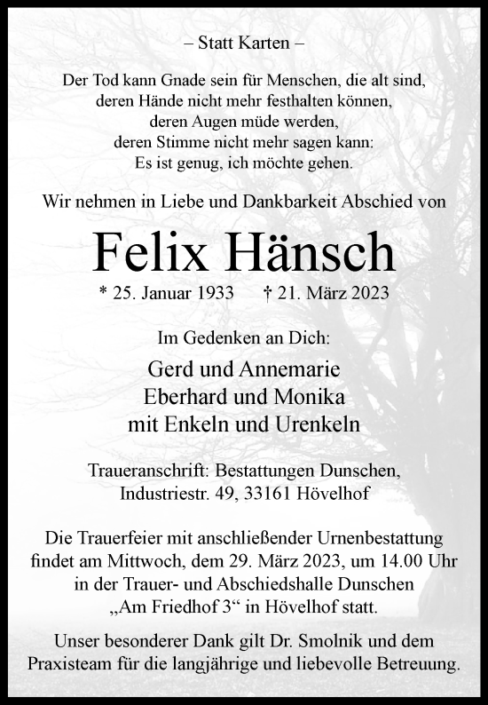 Traueranzeige von Felix Hänsch von Westfalen-Blatt