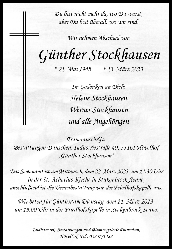 Traueranzeige von Günther Stockhausen von Westfalen-Blatt