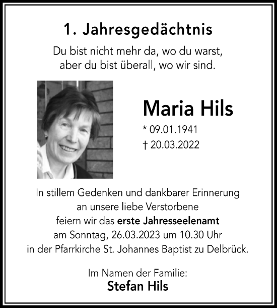 Traueranzeige von Maria Hils von Westfalen-Blatt