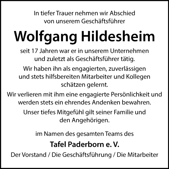 Traueranzeige von Wolfgang Hildesheim von Westfalen-Blatt