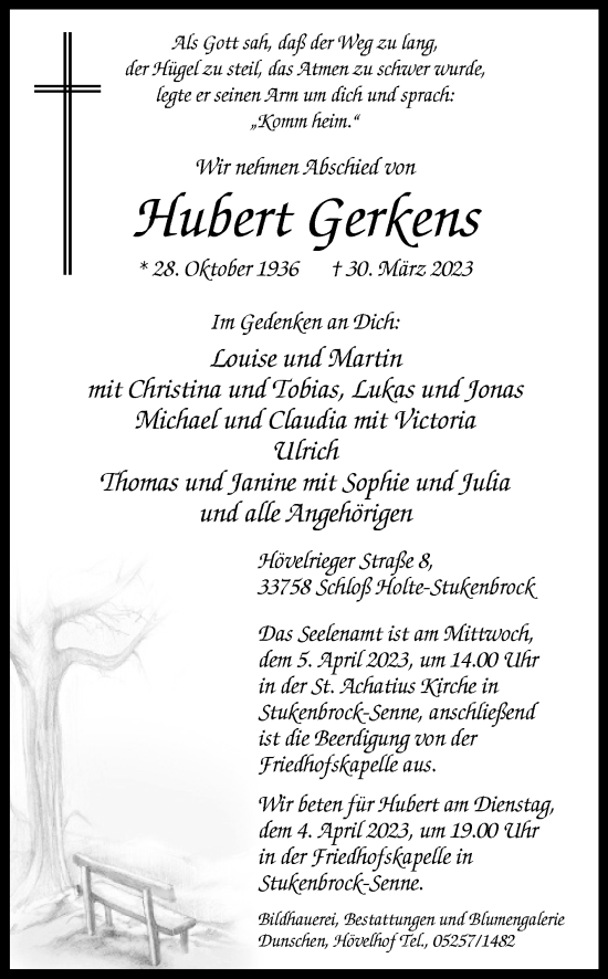 Traueranzeige von Hubert Gerkens von Westfalen-Blatt