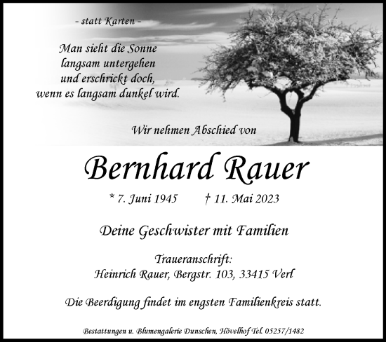 Traueranzeige von Bernhard Rauer von Westfalen-Blatt