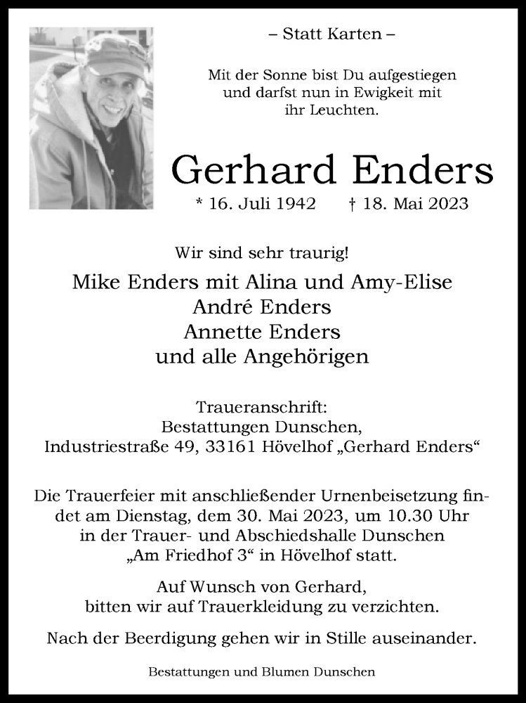  Traueranzeige für Gerhard Enders vom 27.05.2023 aus Westfalen-Blatt