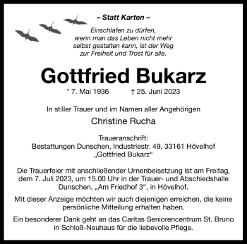 Traueranzeige von Gottfried Bukarz von Westfalen Blatt