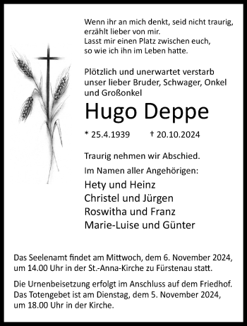 Traueranzeige von Hugo Deppe von Westfalen Blatt