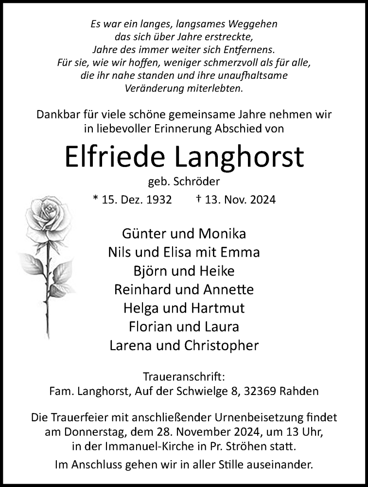  Traueranzeige für Elfriede Langhorst vom 23.11.2024 aus Westfalen Blatt