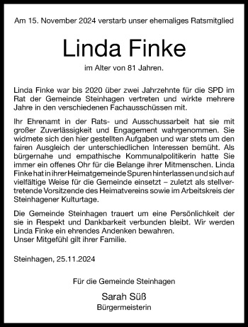 Traueranzeige von Linda Finke von Westfalen Blatt