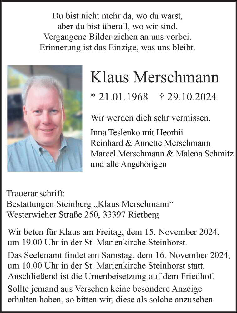  Traueranzeige für Klaus Merschmann vom 09.11.2024 aus Westfalen Blatt