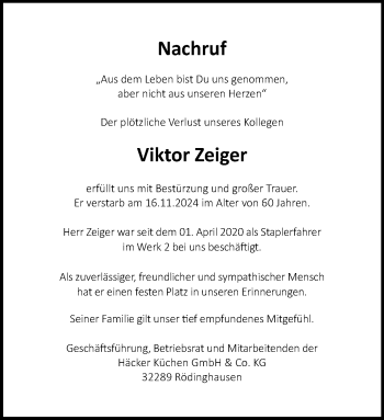 Traueranzeige von Viktor Zeiger von Westfalen Blatt