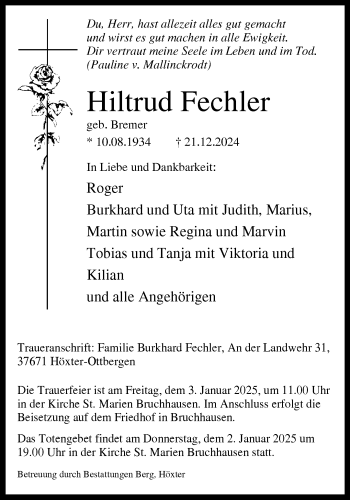 Traueranzeige von Hiltrud Fechler von Westfalen Blatt