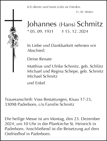 Traueranzeige von Johannes Hans Schmitz von Westfalen Blatt