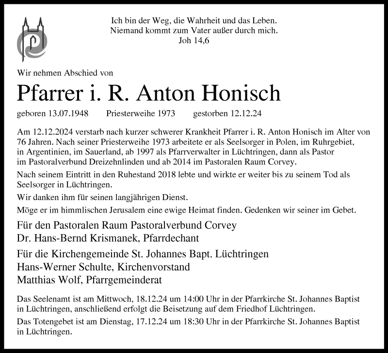  Traueranzeige für Anton Honisch vom 14.12.2024 aus Westfalen Blatt