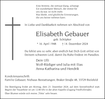 Traueranzeige von Elisabeth Gebauer von Westfalen Blatt