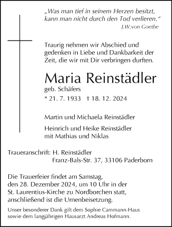 Traueranzeige von Maria Reinstädler von Westfalen Blatt