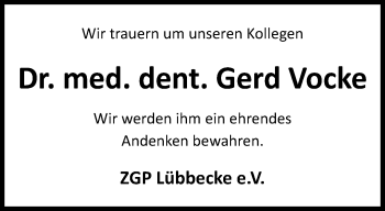 Traueranzeige von Dr. med. dent. Gerd Vocke von Westfalen Blatt