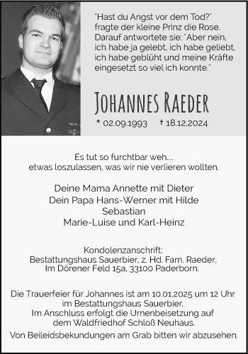 Traueranzeige von JOHANNES RAEDER von Westfalen Blatt