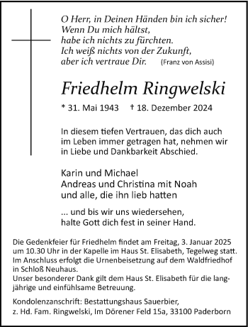 Traueranzeige von Friedhelm Ringwelski von Westfalen Blatt