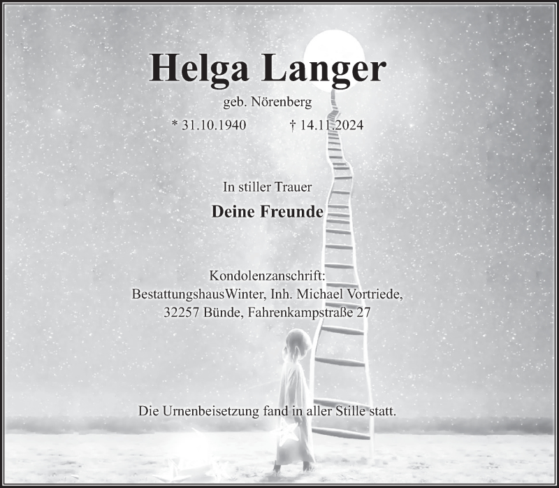  Traueranzeige für Helga Langer vom 07.12.2024 aus Westfalen Blatt