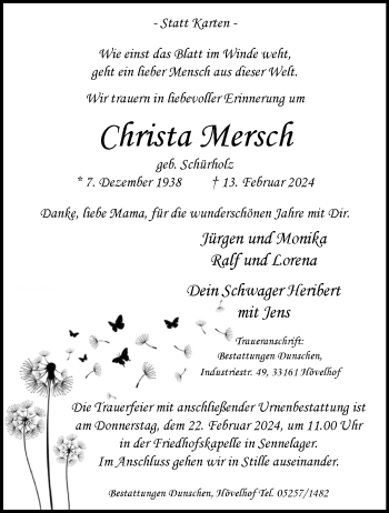 Traueranzeige von Christa Mersch von Westfalen Blatt