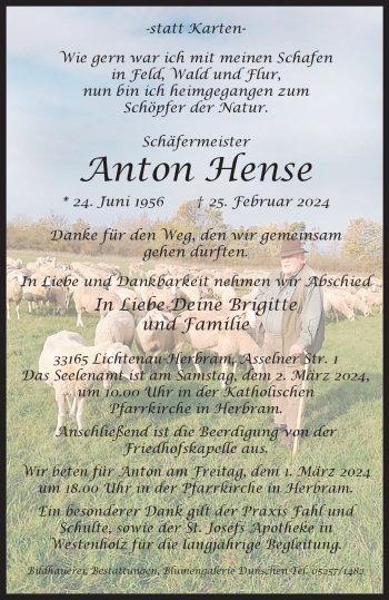 Traueranzeige von Anton Hense von Westfalen Blatt