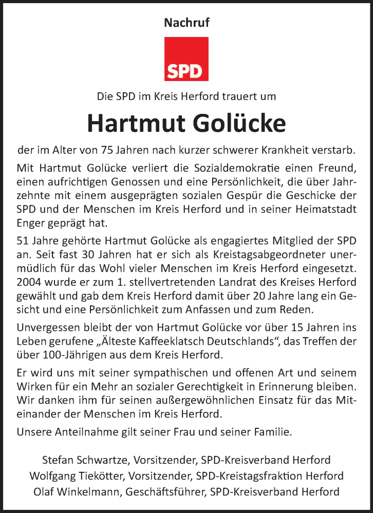  Traueranzeige für Hartmut Golücke vom 30.01.2024 aus Westfalen Blatt