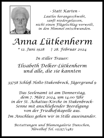 Traueranzeige von Anna Lütkenherm von Westfalen Blatt