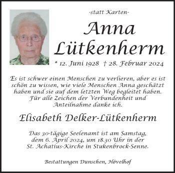 Traueranzeige von Anna Lütkenherm von Westfalen Blatt