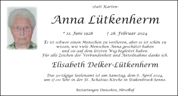 Traueranzeige von Anna Lütkenherm von Westfalen Blatt