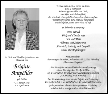 Traueranzeige von Brigitte Antpöhler von Westfalen Blatt