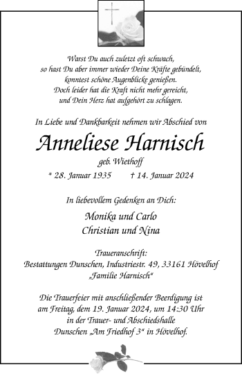 Traueranzeige von Anneliese Harnisch von Westfalen Blatt