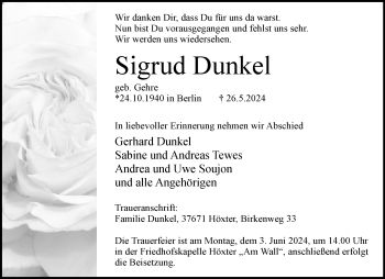 Traueranzeige von Sigrud Dunkel von Westfalen Blatt