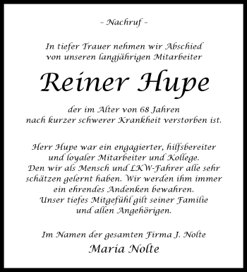 Traueranzeige von Reiner Hupe von Westfalen Blatt